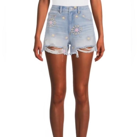 No Boundaries Juniors Size 7 Denim Raw Hem Floral Boho Hippie Shorts Hi-Rise - Picture 2 of 9